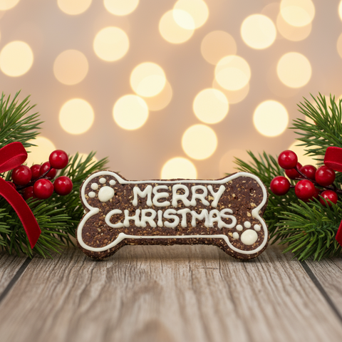 Festive Merry Christmas Bone Carob Dog Treat - Horizontal Position